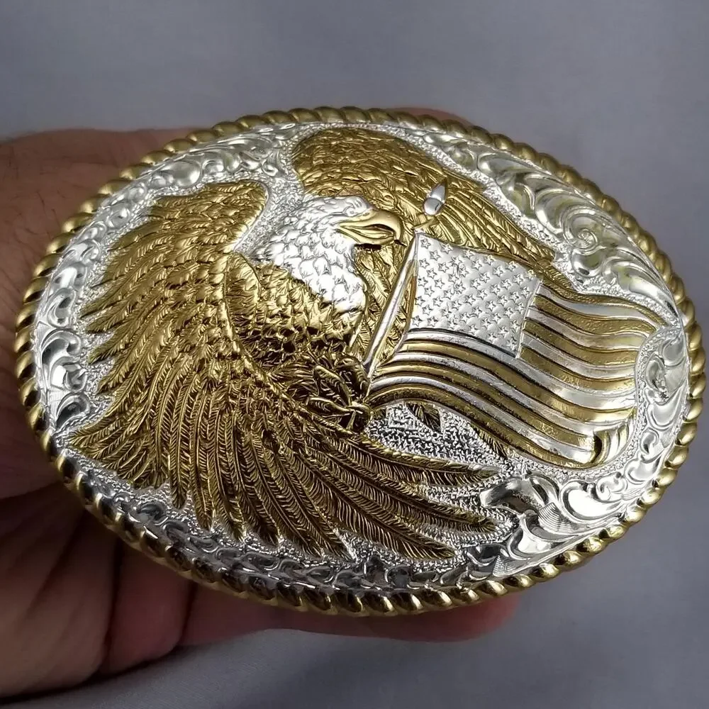 Crumrine Silver Electroplate on Jewelers Bronze Eagle American Flag Belt‎ Buckle